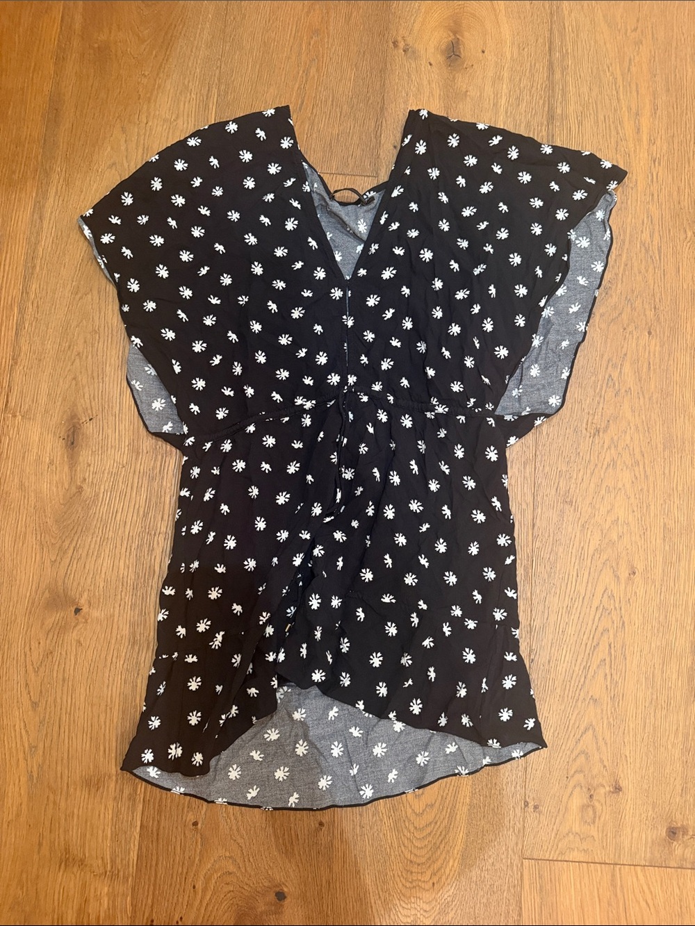 Black Floral V-Neck Swim Coverup with Drawstring Waist